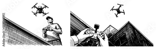 Man piloting a drone in the city using a remote controller in engraving style