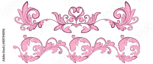 Pink baroque frame ornaments set isolated on white background. Vector illustration of classical vintage floral border elements with scrolls and leaves, filigree vine swirls, line art decoration