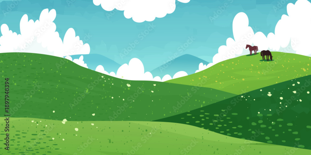 Fototapeta premium Green mountain valley or meadow, rolling hills with two horses, vector illustration. Natural spring landscape backgrounds with grass fields, farm animals and blue sky with white clouds