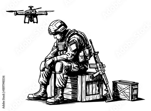 Tired soldier sitting on wooden crate with rifle and hovering drone in sketch style