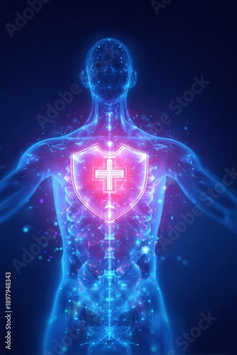 Light Energy Surrounds and Protects the Body Core Showing Strong Immunity and a Healthcare Concept Related to Health and Wellness