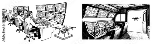 Military drone command center with operators and multiple screens in sketch style
