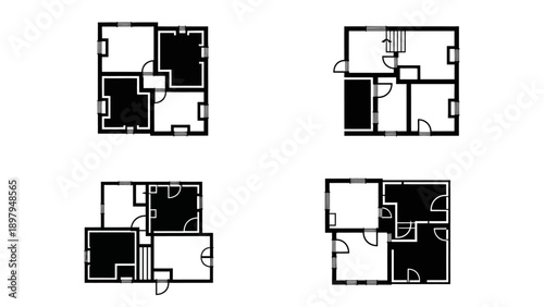 Set of Black and White Floor Plans, Architectural Design, Home Layouts