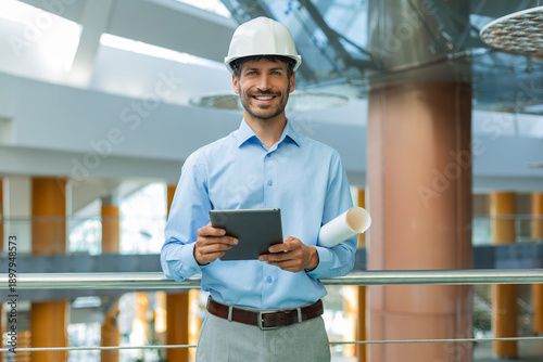 Handosme man with worker's helmet holding digital tablet while looking at camera in building under construction