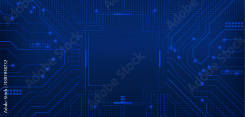 Hi tech circuit board frame with glowing blue lines and futuristic digital patterns, vector realistic illustration. High tech abstract electronic backdrop with square border and neon light