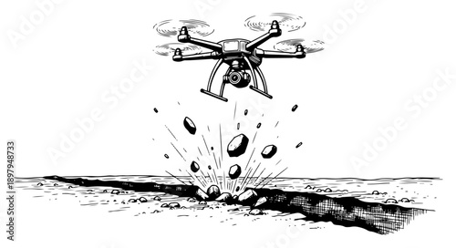 Military drone performing an air strike on a ground target in vintage engraving style