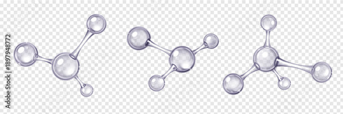 3D molecular structure with transparent glass atoms and bonds, realistic vector illustrations. Chemical formula model isolated on transparent background, laboratory and science symbol