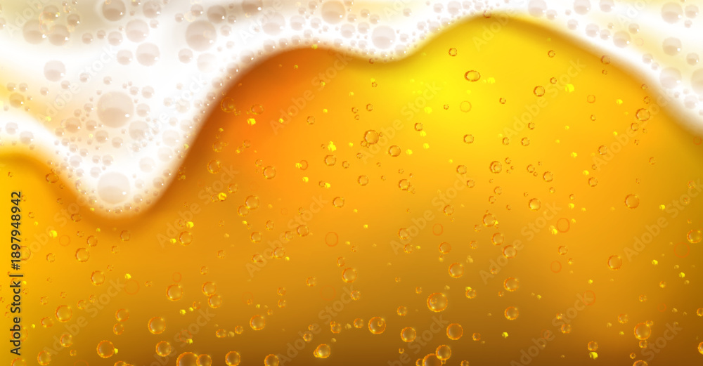 Obraz premium Golden beer with bubbles and foam closeup view, realistic lager texture with rising air bubbles. Vector illustration of fresh carbonated amber color drink