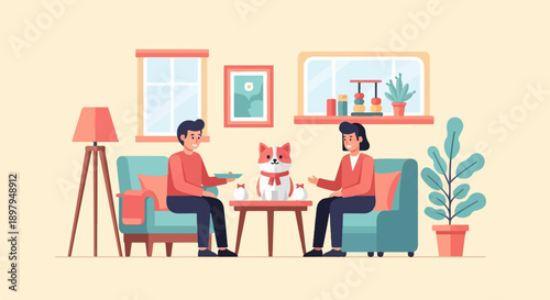 Two people and a dog sit on sofas in a room with plants and windows