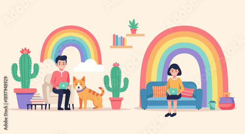 Two people and a dog under colorful rainbows, working on laptops at home