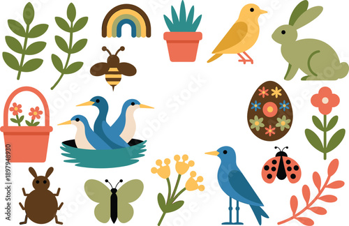 Cute spring nature vector set with birds, rabbit, insects, plants, flowers, rainbow and Easter decorative elements