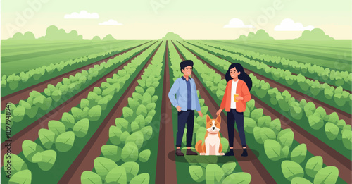 Two people and a dog stand on a farm with rows of green crops