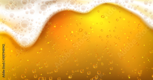 Golden beer with bubbles and foam closeup view, realistic lager texture with rising air bubbles. Vector illustration of fresh carbonated amber color drink