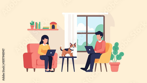Two people and a dog work on laptops in a cozy home setting