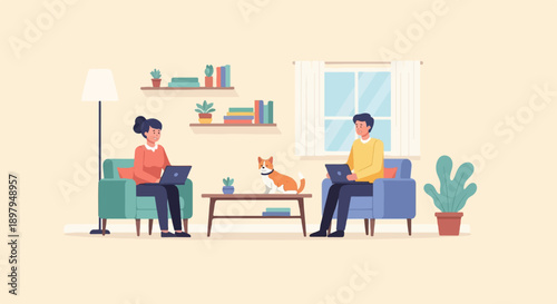 Two people and a dog work on laptops in a cozy, light-filled living room