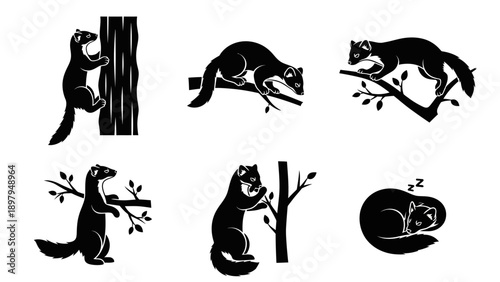 Set of black silhouettes of weasels or stoats in various forest activities