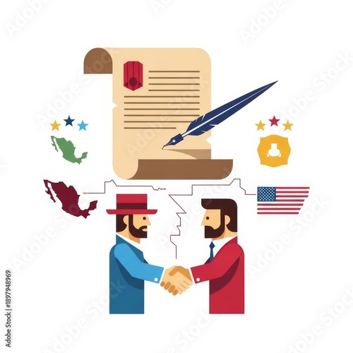Treaty of Guadalupe Hidalgo handshake illustration with historical context