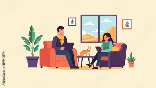 Two people and a dog work on laptops in a cozy living room (1)