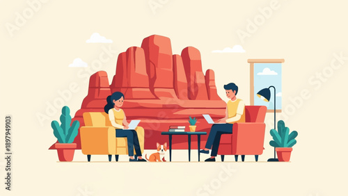 Two people and a dog work on laptops near red rock formations