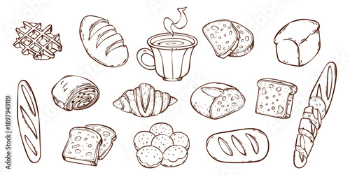 Sketch bakery doodle icons isolated on white background. Vector illustrations of fresh baguette, coffee cup, brioche, croissant and waffle, whimsical hand drawn design elements for breakfast menu