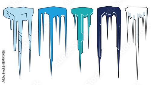 Set of colorful icicles in different shades of blue and white, isolated on white background