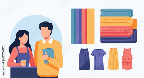 Two people at a table with fabric samples and folded clothes