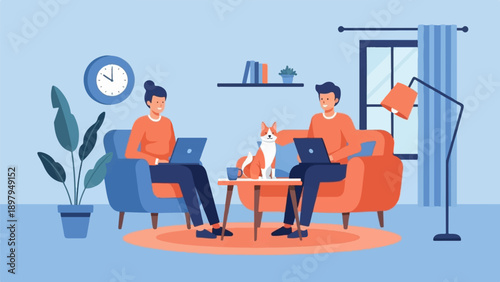 Two people and a dog work on laptops in a modern living room