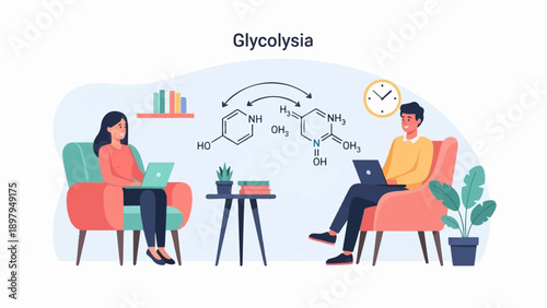 Two people at home, one studying chemical formulas and the other looking at a laptop
