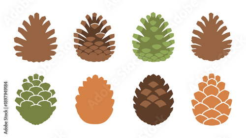 Set of Colorful Pine Cones Icons, Flat Design, Nature Elements