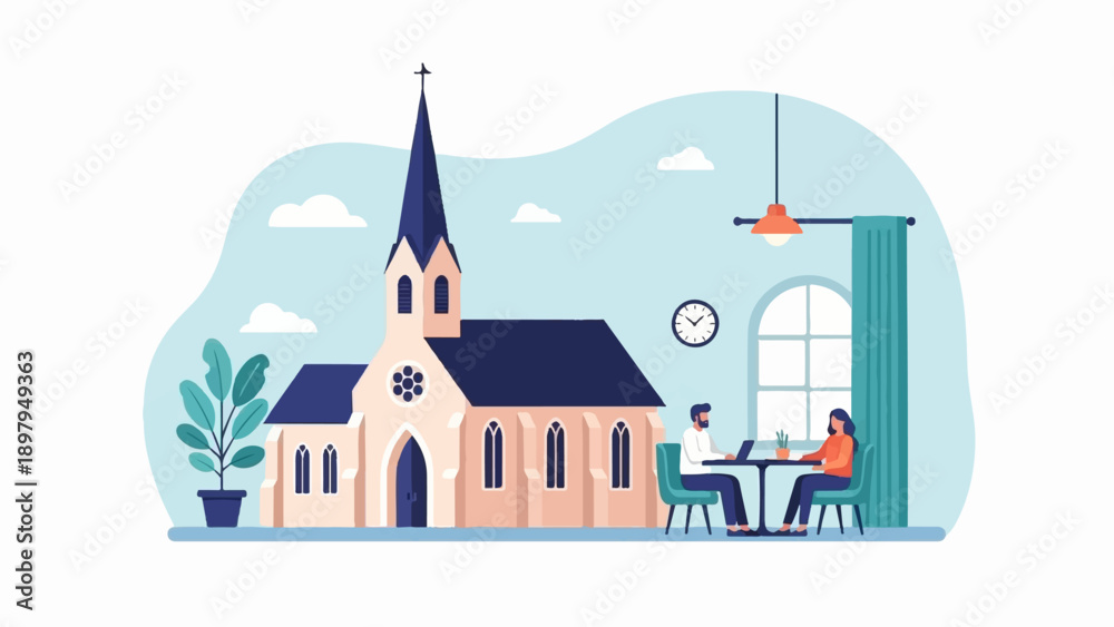 Fototapeta premium Two people collaborate on laptops in a cafe with a church in the background