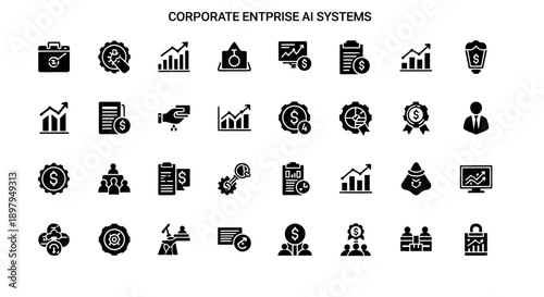 Corporate Enterprise AI Systems Icons: Finance, Growth, Technology, Business Strategy