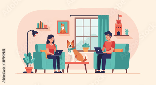 Two people and a dog working on laptops in a cozy living room setting