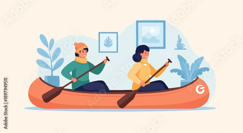 Two people in a canoe, indoors, with plants and art