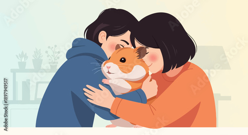 Two people hugging a fluffy hamster indoors