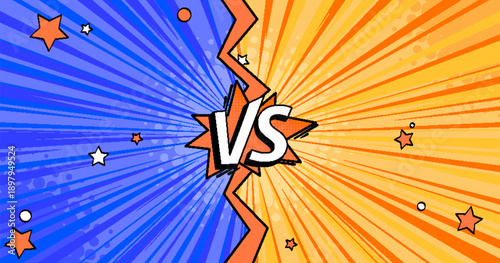 Dynamic comic book versus background with vibrant blue orange design. Abstract vector illustration, retro halftone explosion banner for battle scenes, super hero vs poster, frame for competitive game