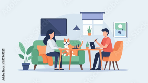 Two people and a pet at home, one using laptop, other at table