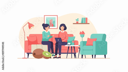 Two people in a cozy living room with a laptop, fruit, and décor