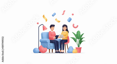 Two people in a cozy room, discussing something important, with colorful decorations
