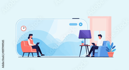 Two people in a cozy room using tablets, with abstract background