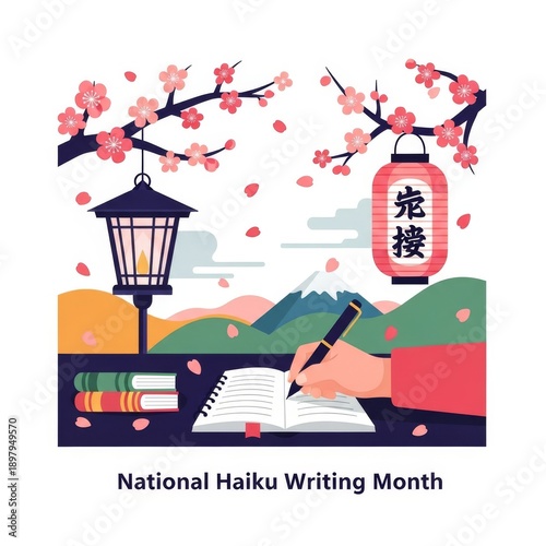 Illustration for National Haiku Writing Month with writing and Japanese elements