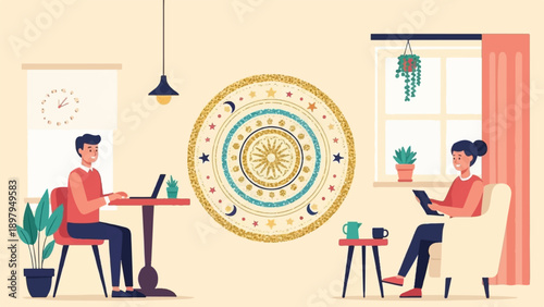 Two people in a cozy room with a celestial mandala wall hanging