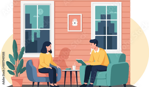 Two people in a cozy room with windows looking out at city skyline