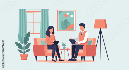 Two people on sofas in a room with a window, plant, lamp, and art