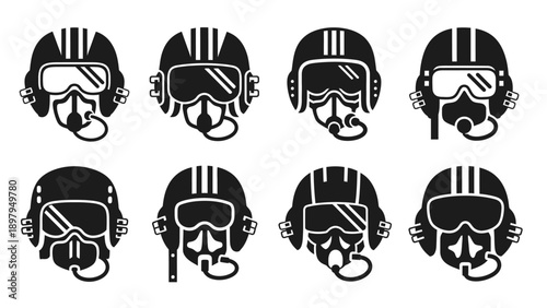 Set of Pilot Helmets with Oxygen Masks, Icon Style