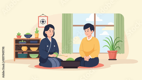 Two people in traditional Japanese attire share a serene tea ceremony indoors