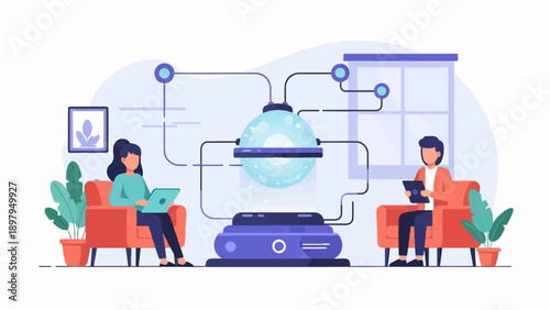 Two people interact with a glowing orb connected by futuristic technology