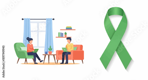 Two people in a living room with laptops; green ribbon