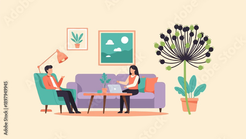 Two people converse in a modern living room with plants and art