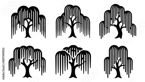 Set of six black and white weeping willow tree icons, silhouette style