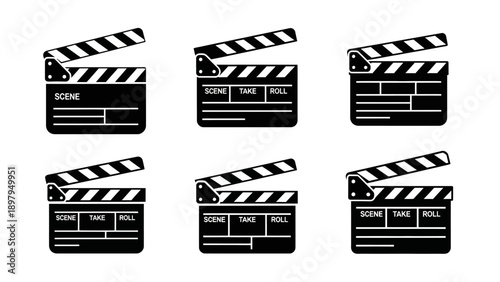 Set of Six Black Clapperboards for Film Production and Video Recording
